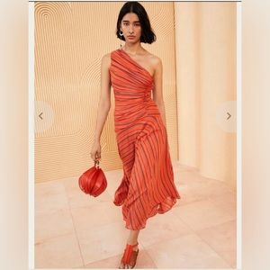 Ulla Johnson Fiori Stripe One Shoulder Dress in color Porto (orangey-red) Size 6